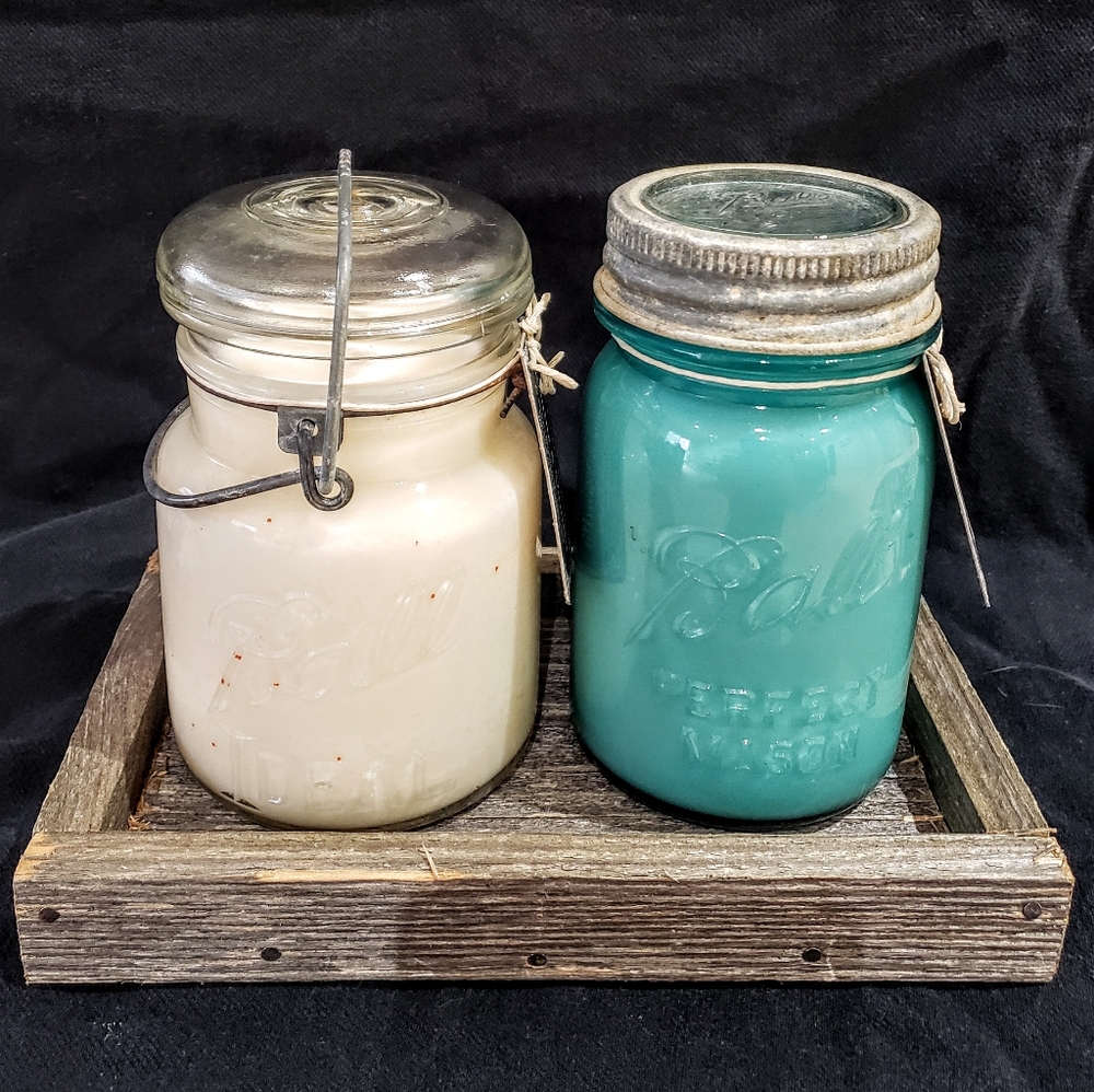 ANTIQUE BALL CANNING JAR CANDLES ON VINTAGE WOOD